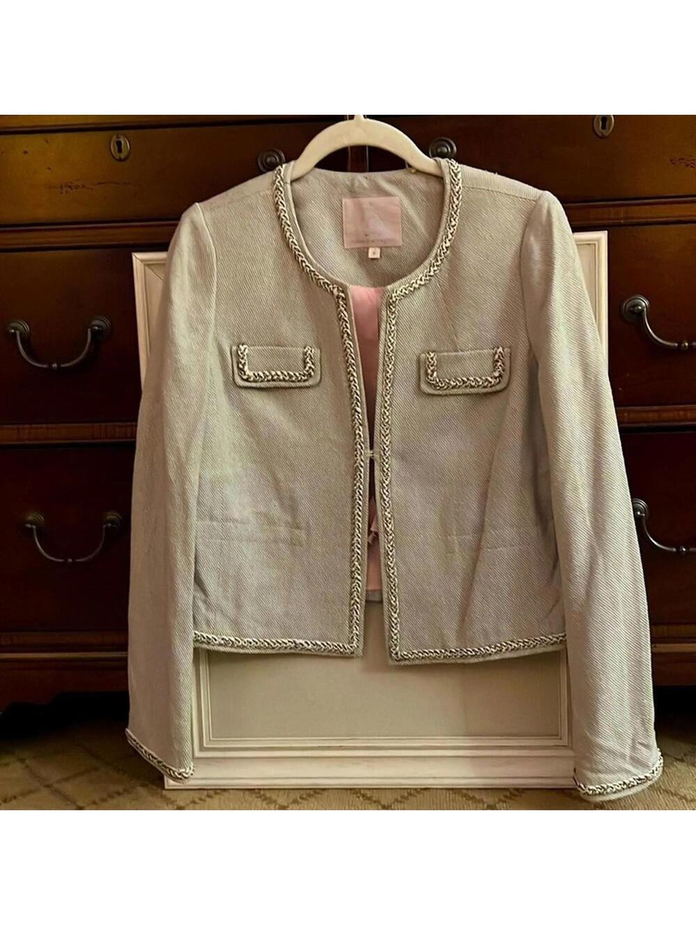 Rebecca Taylor light gray textured jacket w braided detailing. Size 6